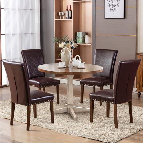 COLAMY Upholstered Parsons Dining Chairs Set of 2, PU Leather Dining Room Kitchen Side Chair with Nailhead Trim and Wood Legs - Dark Brown