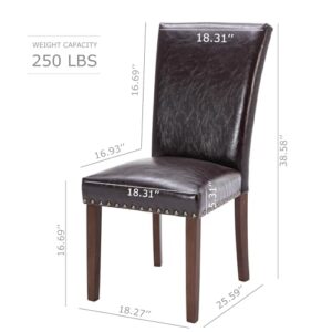 COLAMY Upholstered Parsons Dining Chairs Set of 2, PU Leather Dining Room Kitchen Side Chair with Nailhead Trim and Wood Legs - Dark Brown