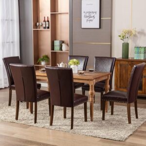 COLAMY Upholstered Parsons Dining Chairs Set of 2, PU Leather Dining Room Kitchen Side Chair with Nailhead Trim and Wood Legs - Dark Brown