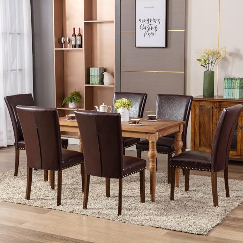 COLAMY Upholstered Parsons Dining Chairs Set of 2, PU Leather Dining Room Kitchen Side Chair with Nailhead Trim and Wood Legs - Dark Brown