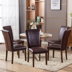 COLAMY Upholstered Parsons Dining Chairs Set of 2, PU Leather Dining Room Kitchen Side Chair with Nailhead Trim and Wood Legs - Dark Brown