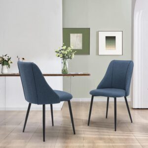 DAGONHIL Modern Dining Chairs for Kitchen,Linen-Cotton Upholstered Dining Chair Set of 2 with Black Metal Leg (Blue)