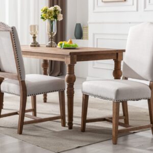 EALSON Farmhouse Dining Chairs Set of 2 Upholstered Dining Room Chairs with Wood Legs and Nailhead Trim Mid Century Modern Kitchen Chairs with High Back Padded Parson Chairs, Linen Beige