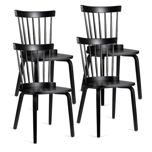 Unovivy Wood Dining Chairs Set of 4, Farmhouse Spindle Back, Widen Seat, Modern Mid-Century Country Style, for Living Room Restaurant, Black