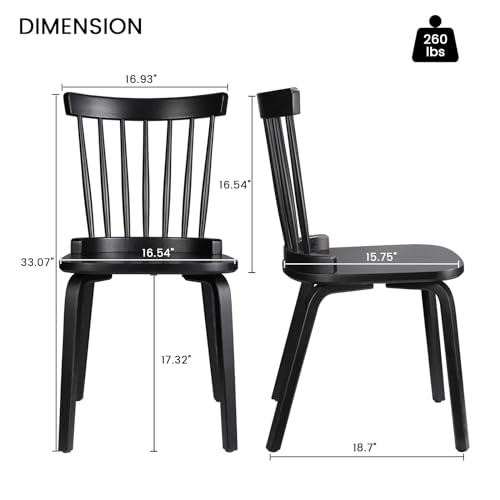 Unovivy Wood Dining Chairs Set of 4, Farmhouse Spindle Back, Widen Seat, Modern Mid-Century Country Style, for Living Room Restaurant, Black