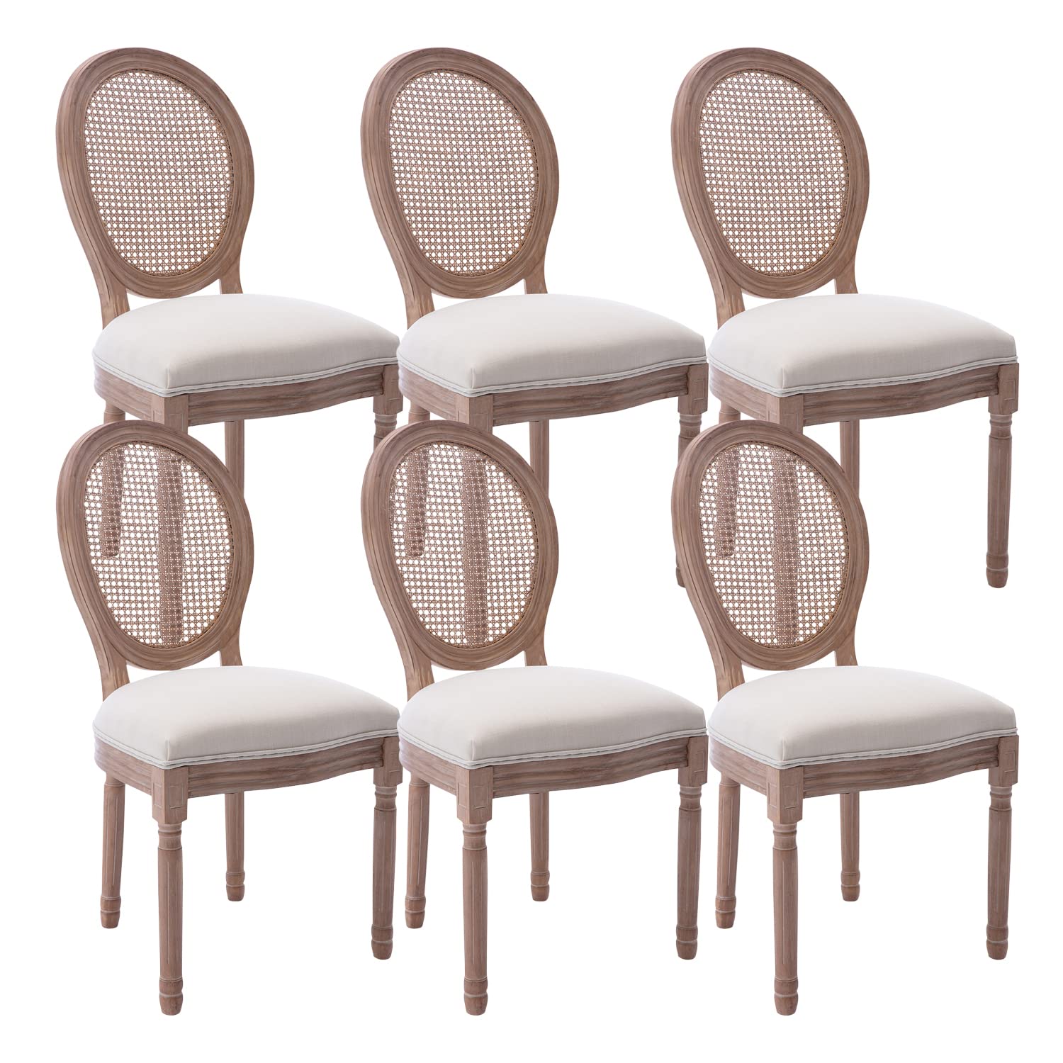 Kiztir French Country Dining Chairs Set of 6, Vintage Chairs with Round Backrest, Mid Century Upholstered Dining Chairs with Solid Wood Leg for Dining Room Bedroom Kitchen Restaurant