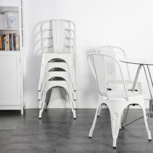 Yaheetech Metal Kitchen Dining Chairs Indoor-Outdoor Distressed Style Stackable Side Coffee Chairs in Distressed White, Set of 4