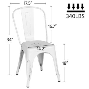 Yaheetech Metal Kitchen Dining Chairs Indoor-Outdoor Distressed Style Stackable Side Coffee Chairs in Distressed White, Set of 4