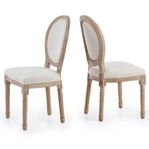 vonluce french country dining chairs set of 2, wood farmhouse fabric chairs with oval birch backrest and delicated carved rubberwood legs, for living room bedroom kitchen, beige