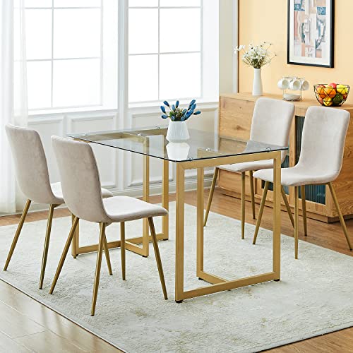 Dining Chairs Set of 4, Pre Assembled Chair Set Upholstered with Gold Legs Modern Fabric for Dining Room, Kitchen, 17.3 "W x 18.1 "D x 34.6 "H (Beige)