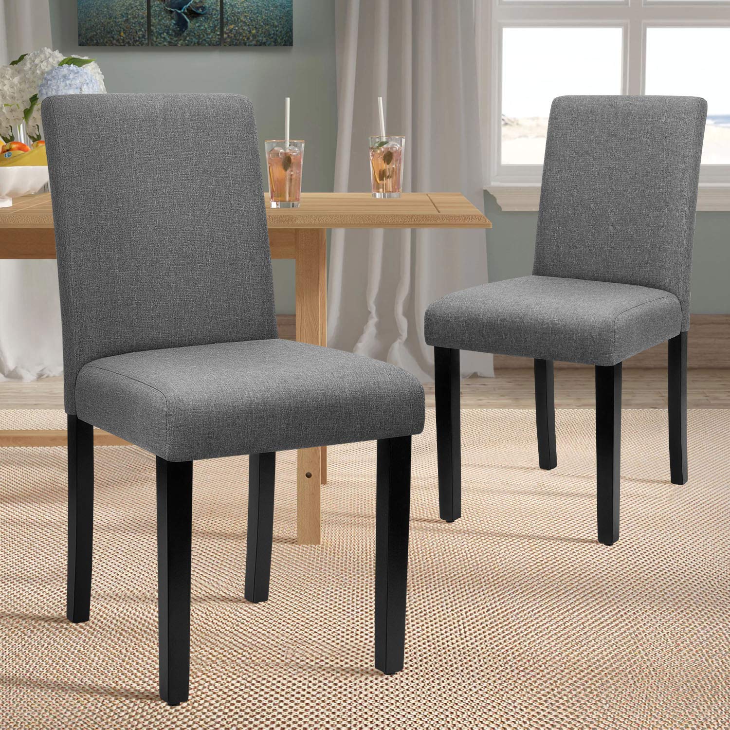 Furniwell Dining Chairs Upholstered Parson Urban Style Kitchen Living Room Side Padded Chair with Solid Wood Legs Set of 4 (Fabric, Grey)