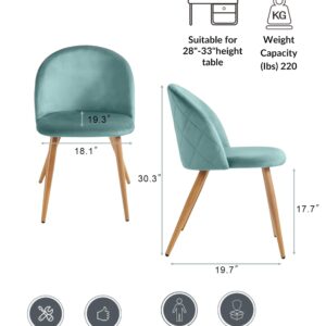 FurnitureR Dining Chairs Set of 2, Velvet Upholstered Kitchen Chairs Modern Dining Room Side Chairs with Soft Seat/Metal Legs, Accent Chairs for Home Restaurant, Aqua, Oak Leg