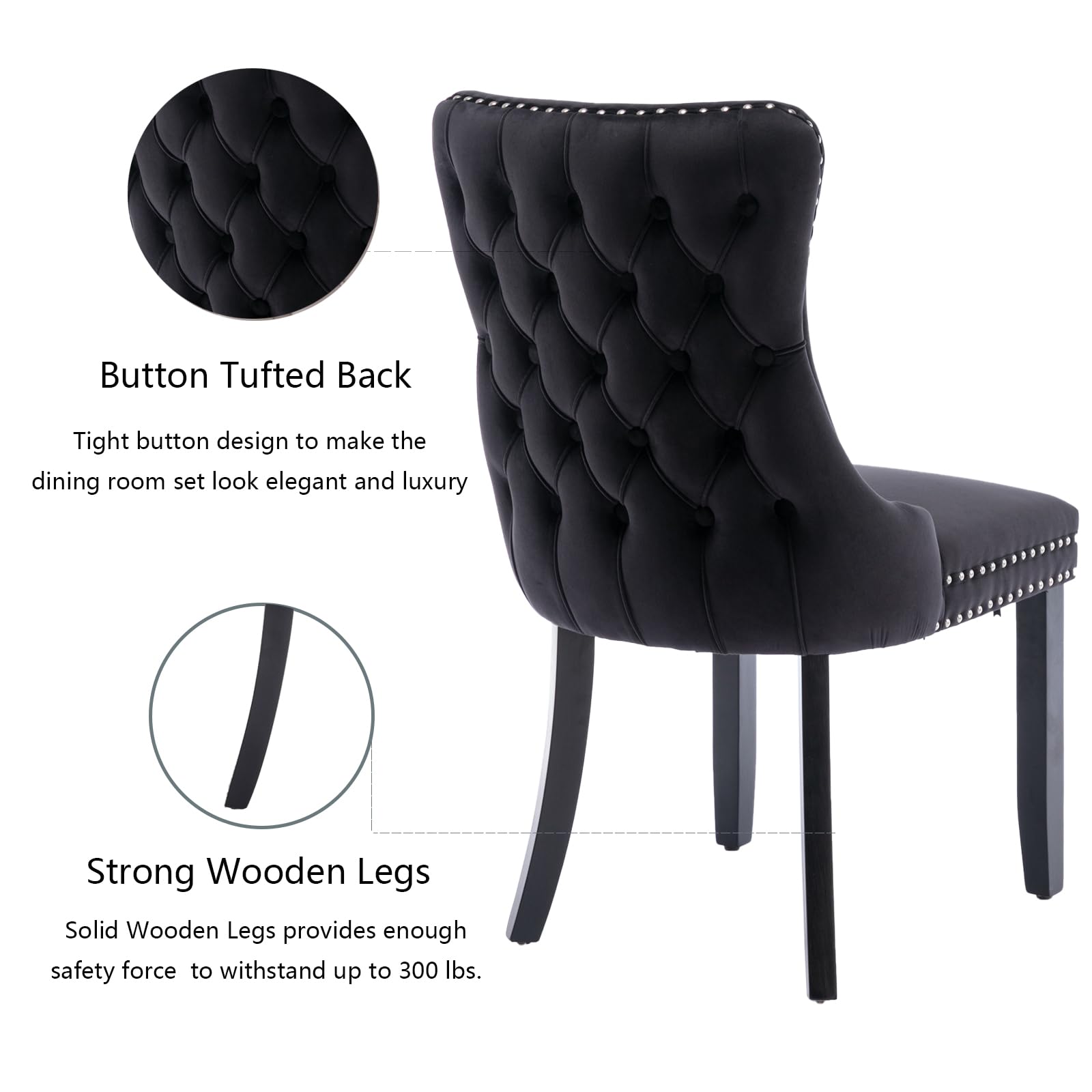 Black Velvet Dining Chairs Set of 4, Tufted Wingback Upholstered Dining Room Chairs with Solid Wood Legs, Mid Century Modern Dining Chair for Dining Room,Living Room,Kitchen(Black)