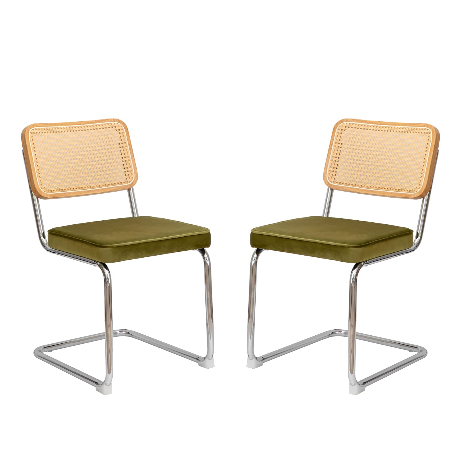 MFFM Dining Chairs Set of 2, Velvet Rattan Side Accent Chairs with Chrome Legs, Modern Mid Century Breuer Designed Chairs, Upholstered Dining Living Room Kitchen Chairs (Olive Green-2pcs)