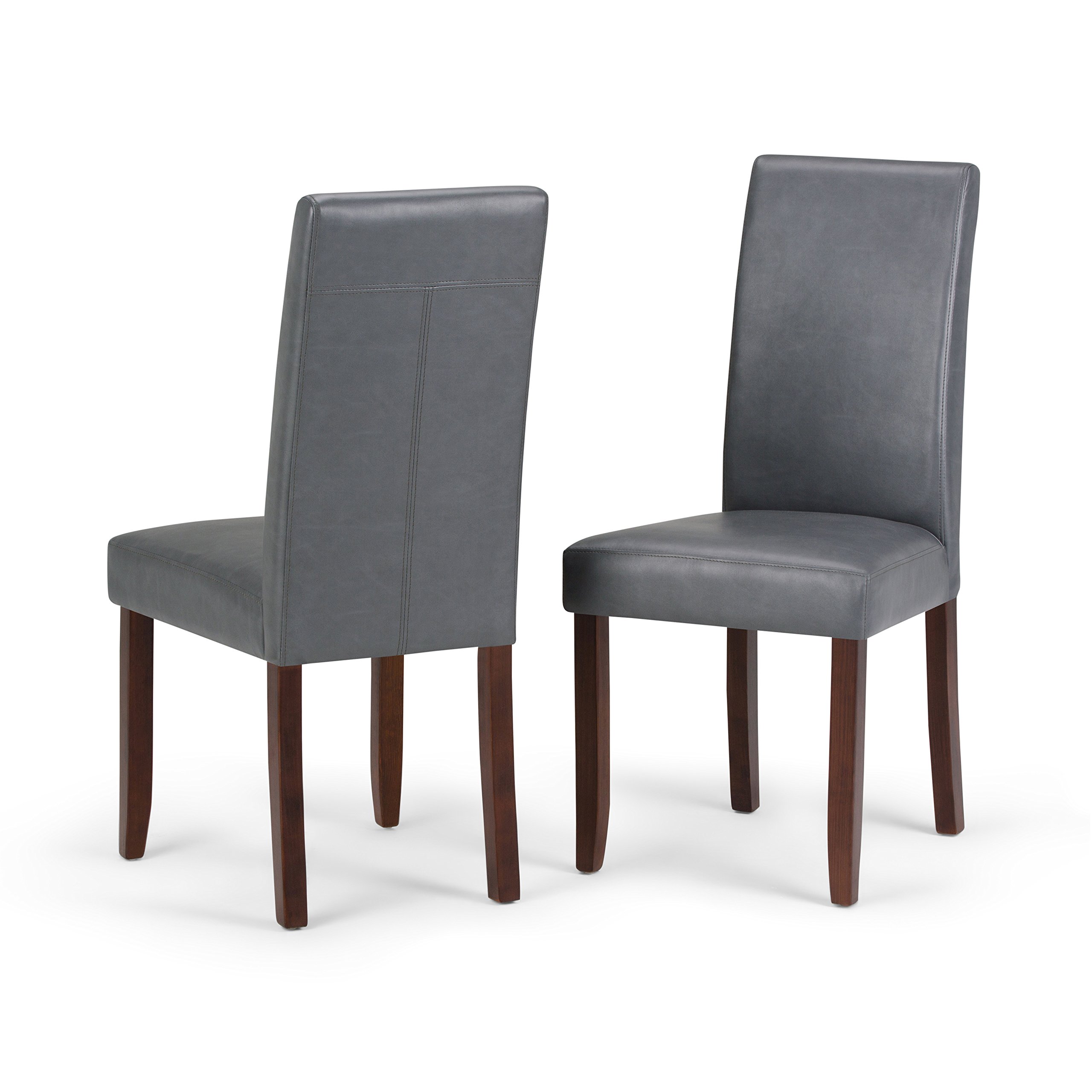 SIMPLIHOME Acadian SOLID WOOD Transitional Parson Dining Chair (Set of 2) in Stone Grey Faux Leather, For the Dining Room