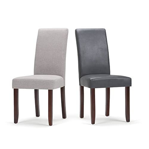 SIMPLIHOME Acadian SOLID WOOD Transitional Parson Dining Chair (Set of 2) in Stone Grey Faux Leather, For the Dining Room