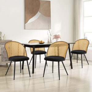 Dining Chairs Set of 4, Mid Century Modern Dining Room Chairs with Full Rattan Back, Boucle Fabric Upholstered Kitchen Dining Chairs Farmhouse Armless Mesh Cane Back Side Chairs with Metal Legs, Black