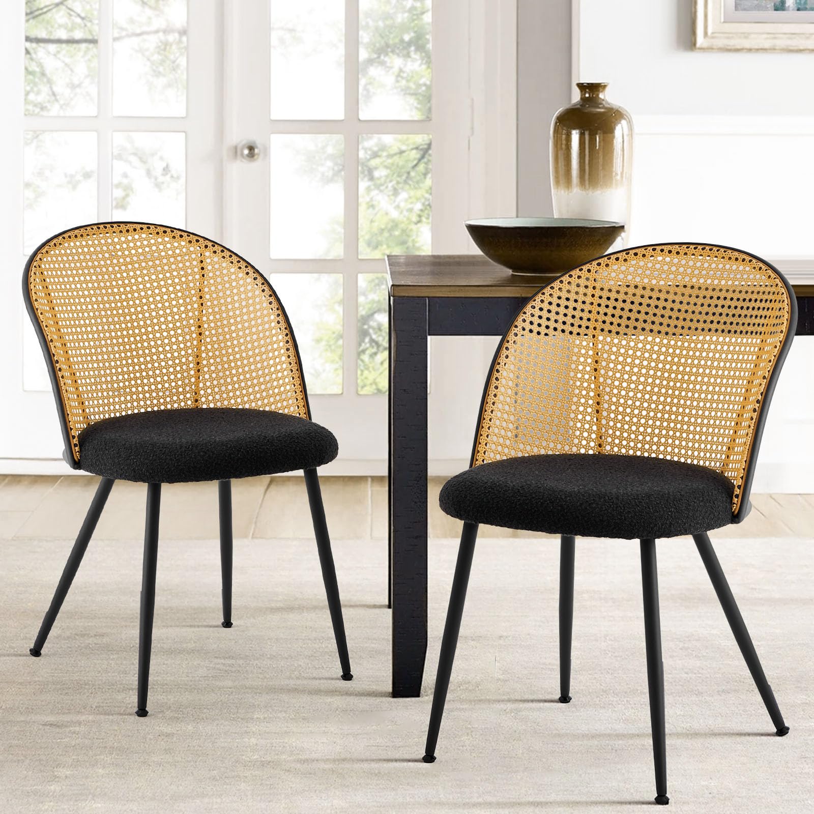 Dining Chairs Set of 4, Mid Century Modern Dining Room Chairs with Full Rattan Back, Boucle Fabric Upholstered Kitchen Dining Chairs Farmhouse Armless Mesh Cane Back Side Chairs with Metal Legs, Black