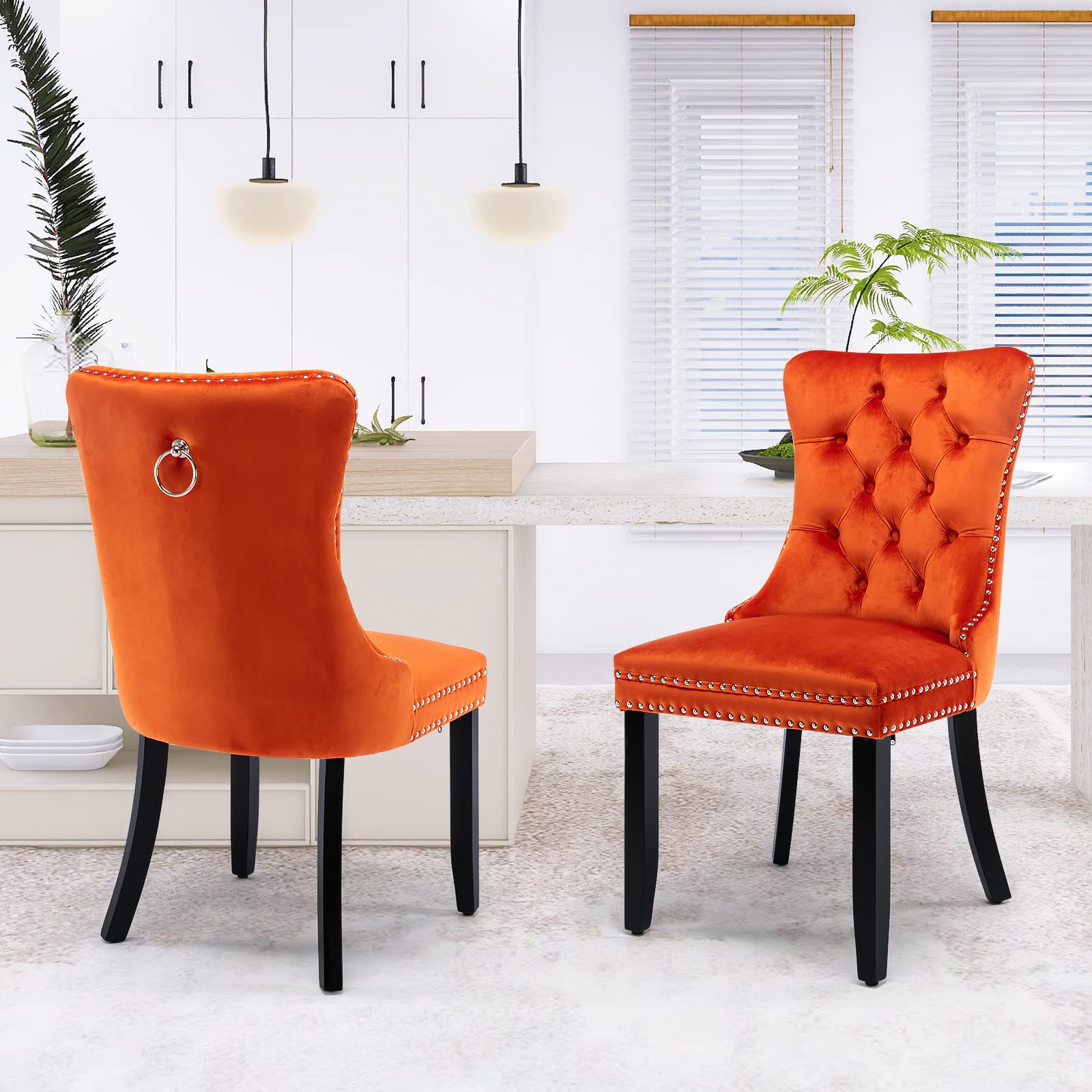 JETEAGO Velvet Dining Chair Set of 2, Upholstered Tufted Dining Room Chair with Nailhead Trim and Solid Wood Leg for Kitchen, Orange