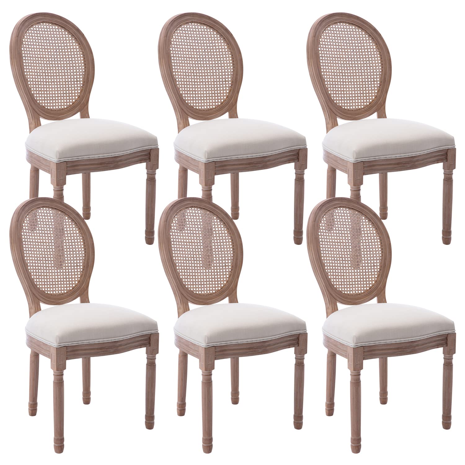 Virabit French Dining Chairs Set of 6, Rattan Farmhouse Upholstered Dining Chairs with Curved Backrest and Beautifully Carved Solid WoodFrame for Living Room, Kitchen, Restaurant