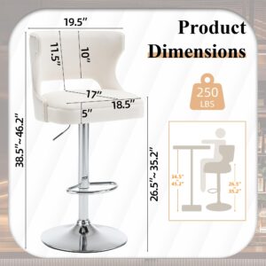 ABET Adjustable Bar Stools Set of 2, Velvet Swivel Counter Barstools with Hollow Back Footrest Soft Upholstered Bar Chairs for Kitchen Island Dining Room Home Bar Bistro, Beige, Chrome Base