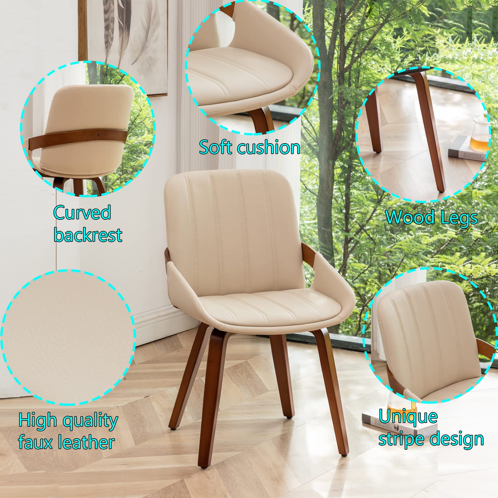 YOUUGIOR Mid Century Modern Beige Faux Leather Upholstered Dining Chairs Set of 2,Armless Accent Chairs with Sturdy Natural Wood Legs,Bamboo Backrest Support for Kitchen&Dining Room Chairs