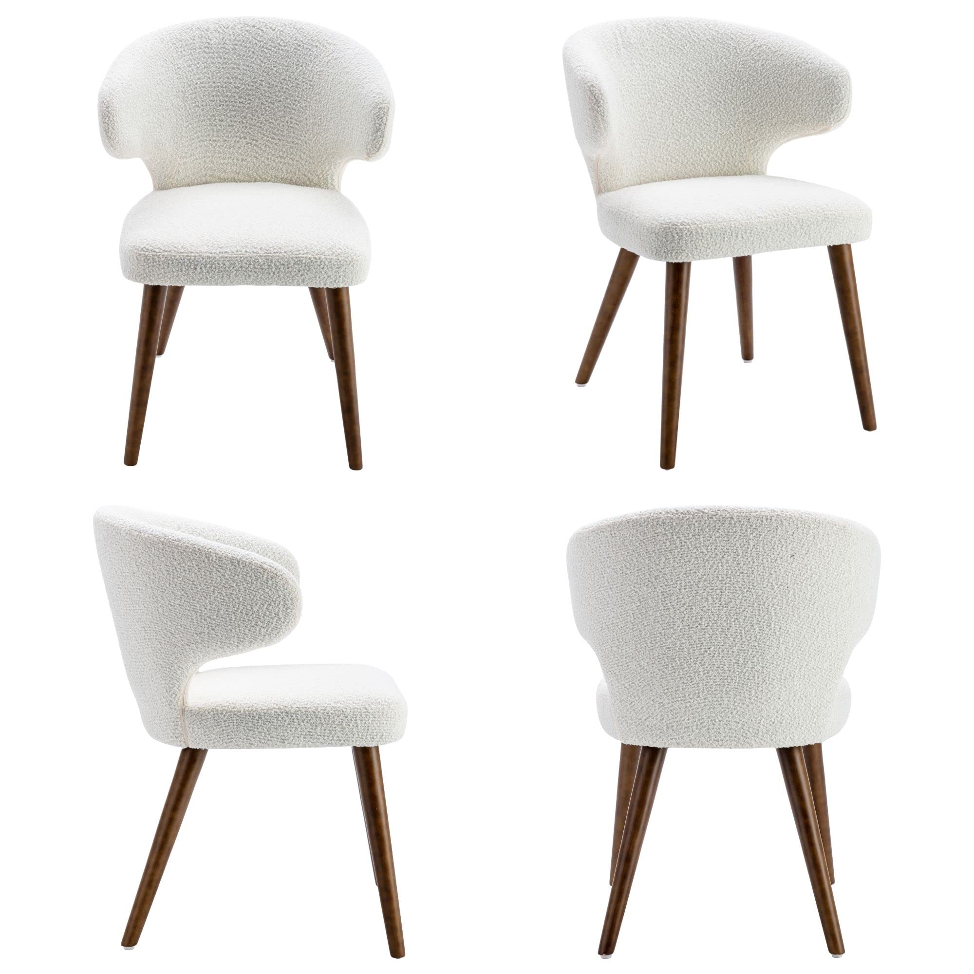 RIVOVA Upholstered Accent Arm Chairs Set of 6, Faux Sherpa Mid Century Modern Dining Chairs for Kitchen Dining Room Side Chairs with Wood Legs, White