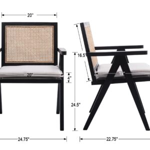 ZHENGHAO Rattan Dining Chairs Set of 4, Mid Century Modern Linen Accent Chairs with Mesh Back Upholstered Cane Chairs Comfy Side Chair with Arms for Dining Room/Kitchen/Living Room, Black Beige