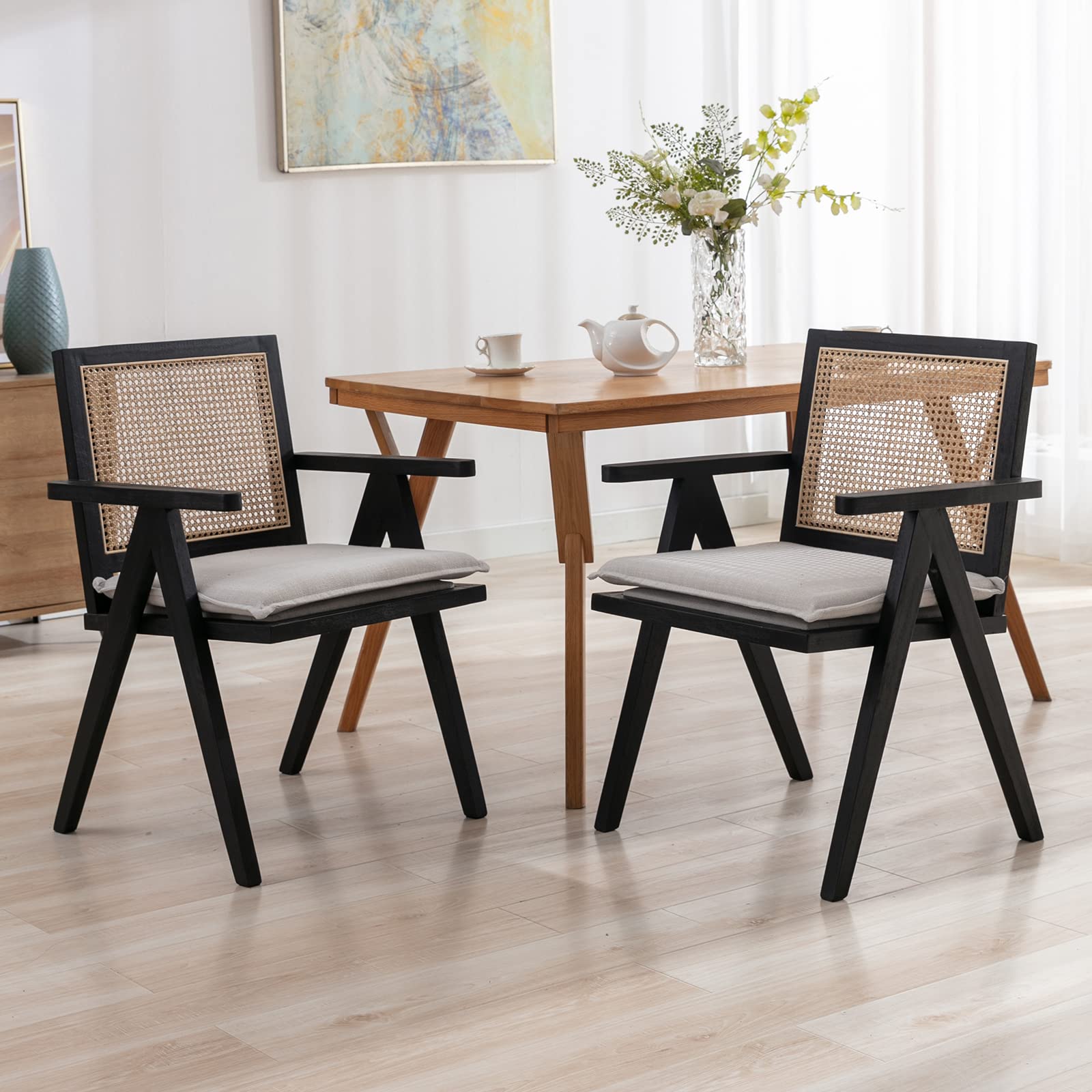 ZHENGHAO Rattan Dining Chairs Set of 4, Mid Century Modern Linen Accent Chairs with Mesh Back Upholstered Cane Chairs Comfy Side Chair with Arms for Dining Room/Kitchen/Living Room, Black Beige