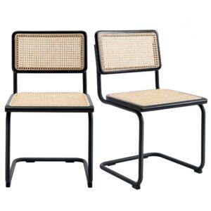 jirain rattan dining chairs set of 2, mid century modern dining chairs with cane back, armless accent chair with metal legs, upholstered chair for kitchen, living room, black