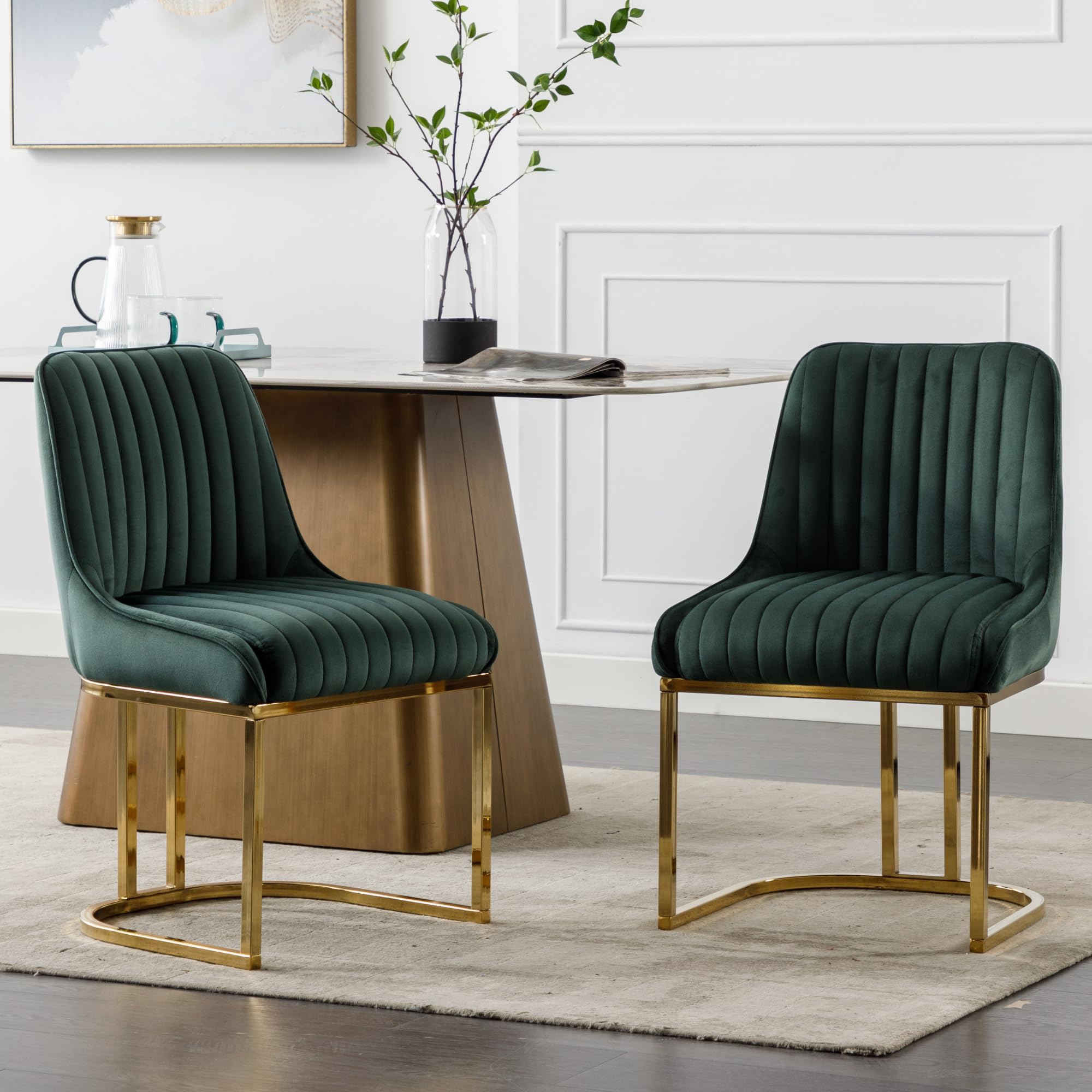 Shunzhi Green Dining Chairs Set of 2 Upholstered Modern Kitchen Chairs Armless Velvet Accent Dining Room Chairs Side Chairs with Gold Legs/Back for Kitchen/Dining Room/Restaurants