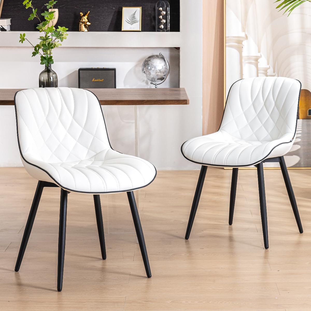 YOUNUOKE Dining Chairs Set of 2 Mid Century Modern Kitchen Chair Comfortable Upholstered Faux Leather Dinner Chairs for Kitchen Dining Room, White