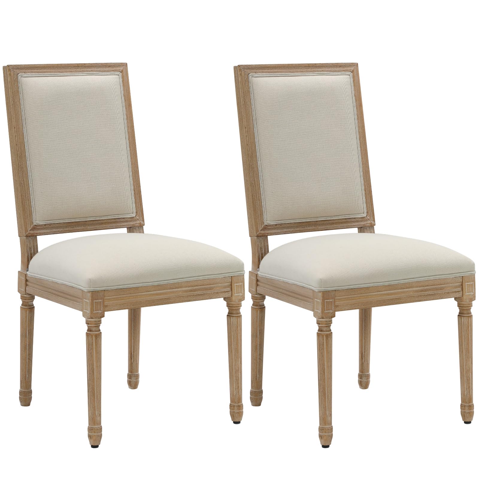 Farmhouse Dining Chairs Set of 2 French Country Kitchen Chairs with Rectangular Back and Solid Wood Legs, Upholstered Rectangular Side Chairs for Dining Room Living Room Kitche (Beige)