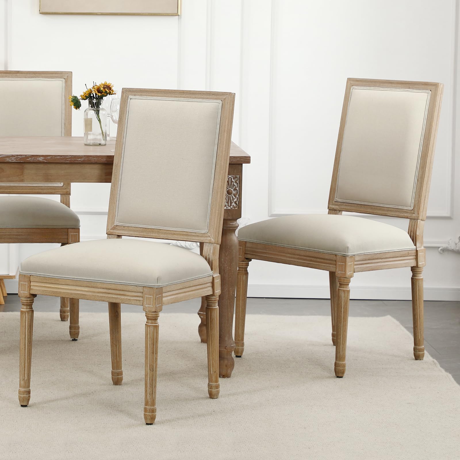 Farmhouse Dining Chairs Set of 2 French Country Kitchen Chairs with Rectangular Back and Solid Wood Legs, Upholstered Rectangular Side Chairs for Dining Room Living Room Kitche (Beige)