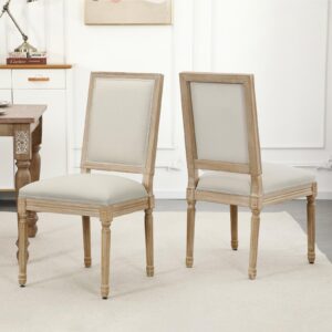 Farmhouse Dining Chairs Set of 2 French Country Kitchen Chairs with Rectangular Back and Solid Wood Legs, Upholstered Rectangular Side Chairs for Dining Room Living Room Kitche (Beige)