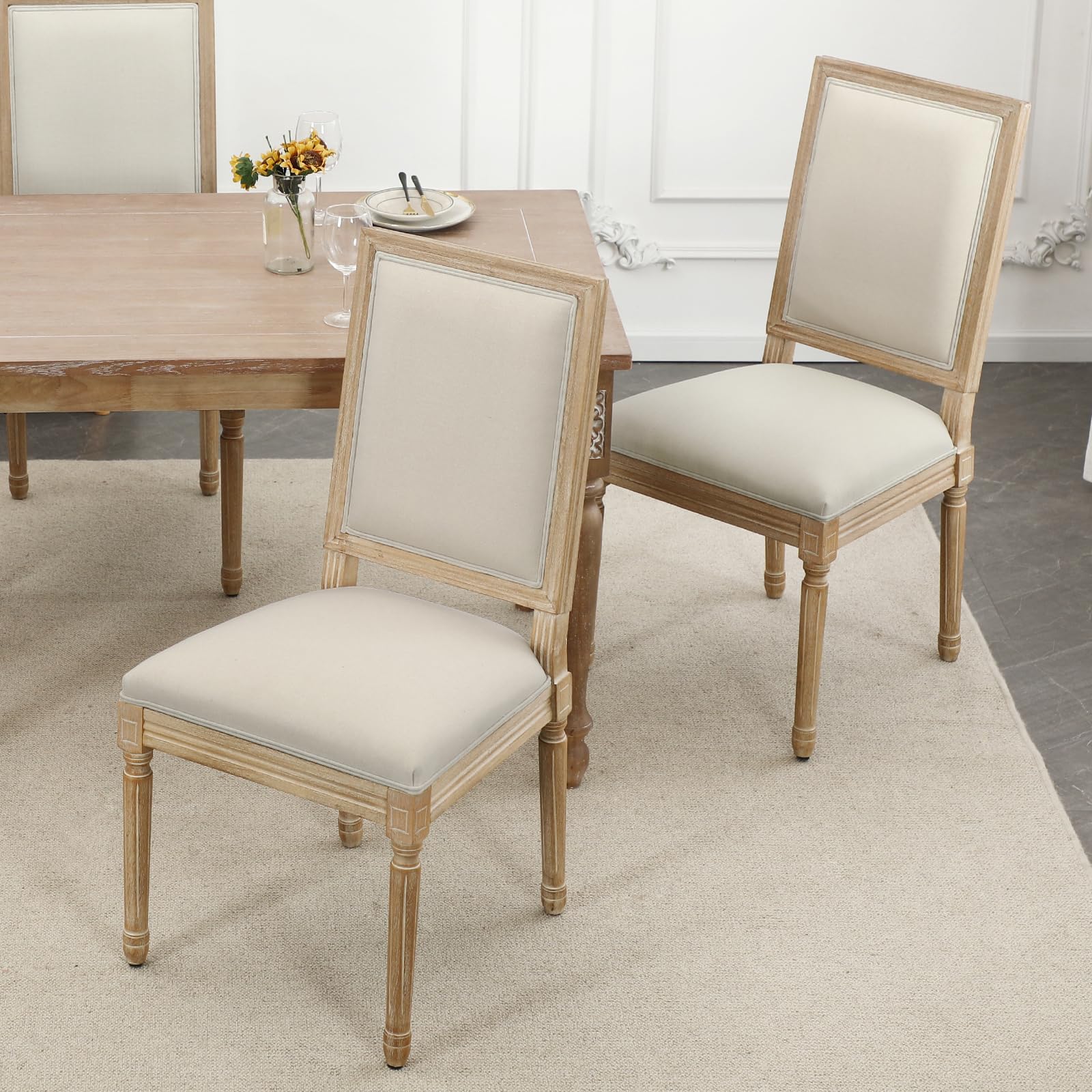 Farmhouse Dining Chairs Set of 2 French Country Kitchen Chairs with Rectangular Back and Solid Wood Legs, Upholstered Rectangular Side Chairs for Dining Room Living Room Kitche (Beige)