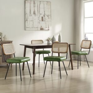 art leon faux leather indoor kitchen dining chairs set of 4, rubber wood back frame, mid century modern dining room chairs with rattan backrest, armless side chairs with black metal legs, green