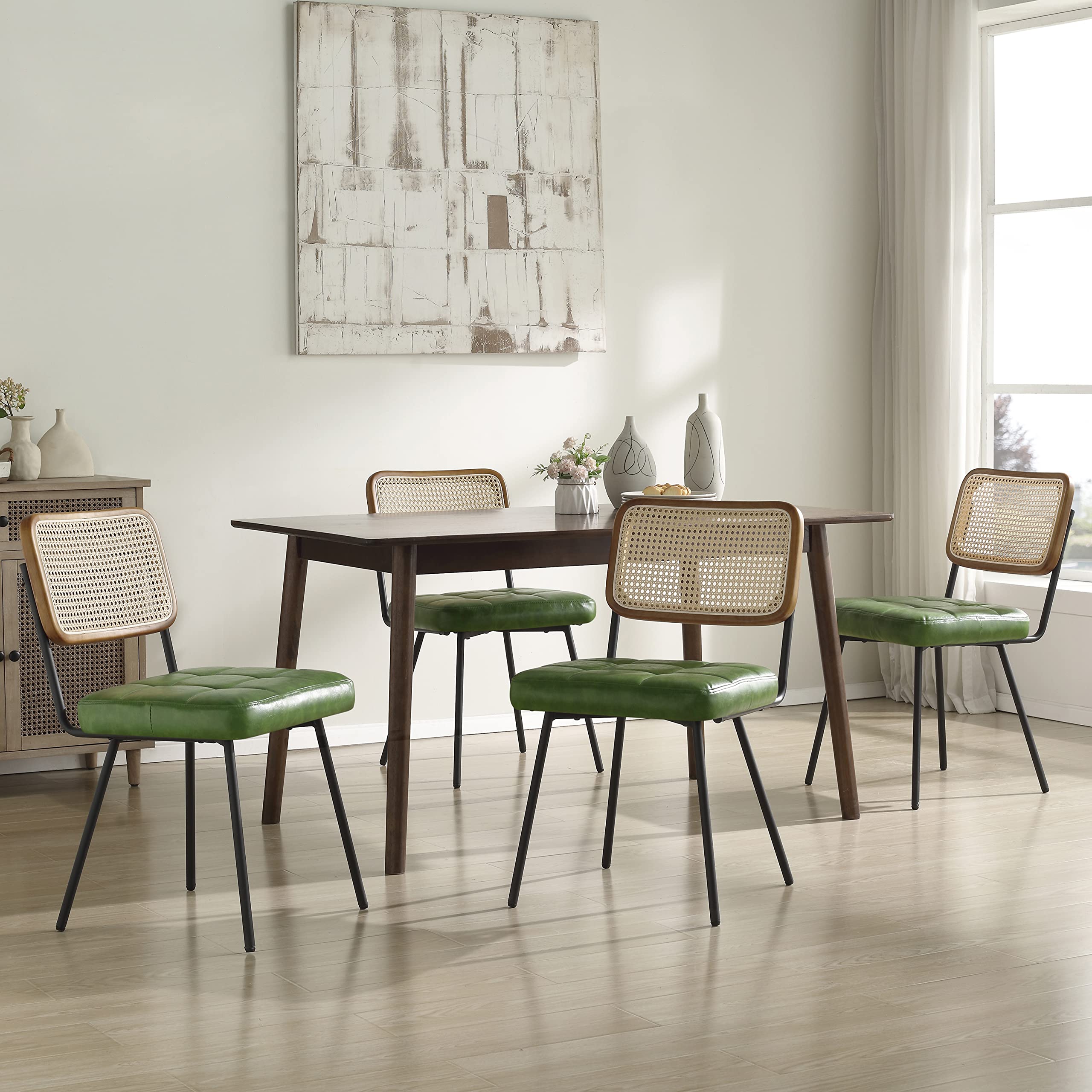 Art Leon Faux Leather Indoor Kitchen Dining Chairs Set of 4, Rubber Wood Back Frame, Mid Century Modern Dining Room Chairs with Rattan Backrest, Armless Side Chairs with Black Metal Legs, Green