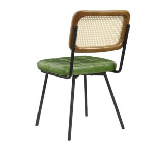 Art Leon Faux Leather Indoor Kitchen Dining Chairs Set of 4, Rubber Wood Back Frame, Mid Century Modern Dining Room Chairs with Rattan Backrest, Armless Side Chairs with Black Metal Legs, Green