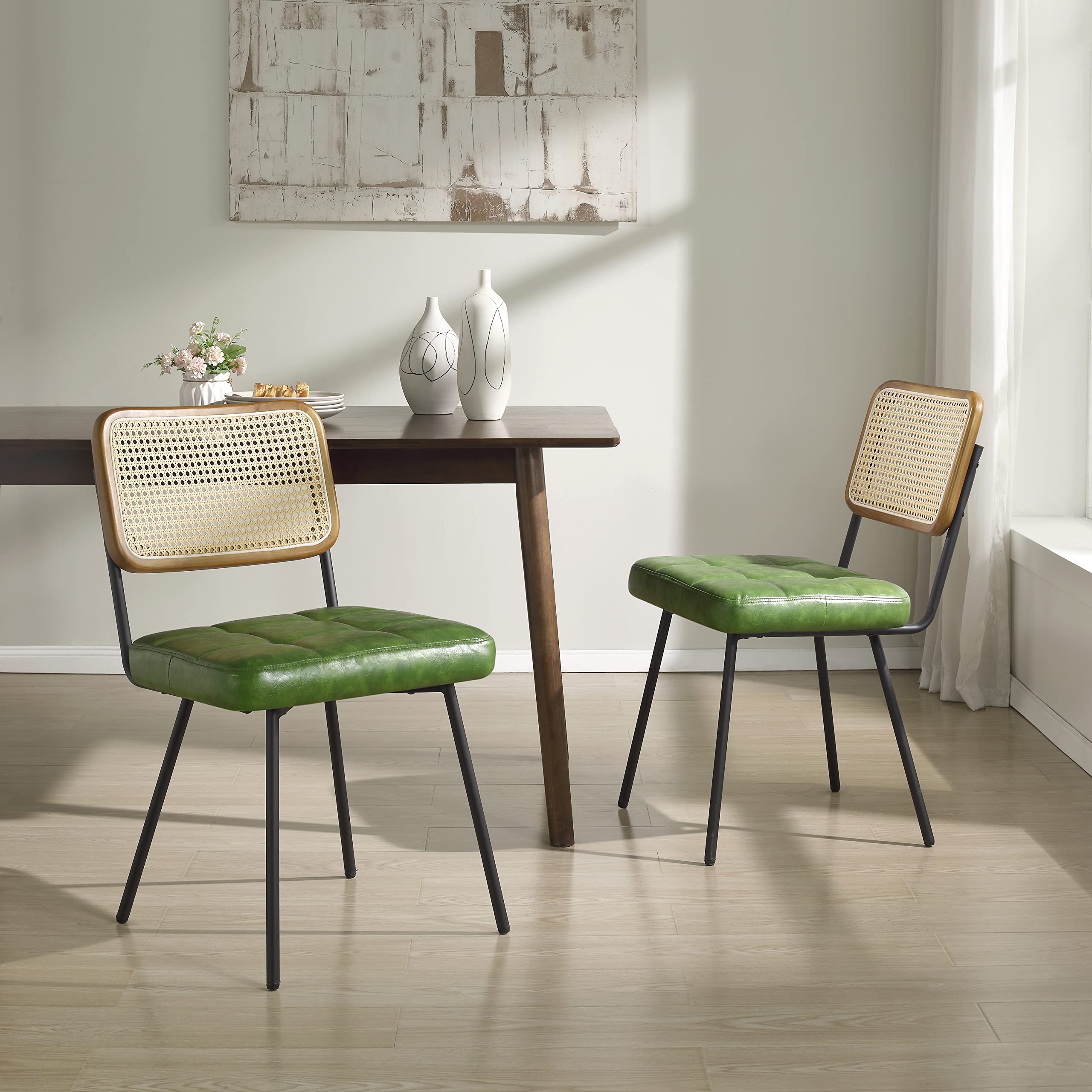 Art Leon Faux Leather Indoor Kitchen Dining Chairs Set of 4, Rubber Wood Back Frame, Mid Century Modern Dining Room Chairs with Rattan Backrest, Armless Side Chairs with Black Metal Legs, Green