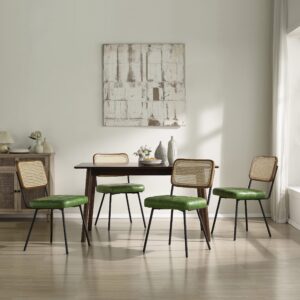 Art Leon Faux Leather Indoor Kitchen Dining Chairs Set of 4, Rubber Wood Back Frame, Mid Century Modern Dining Room Chairs with Rattan Backrest, Armless Side Chairs with Black Metal Legs, Green