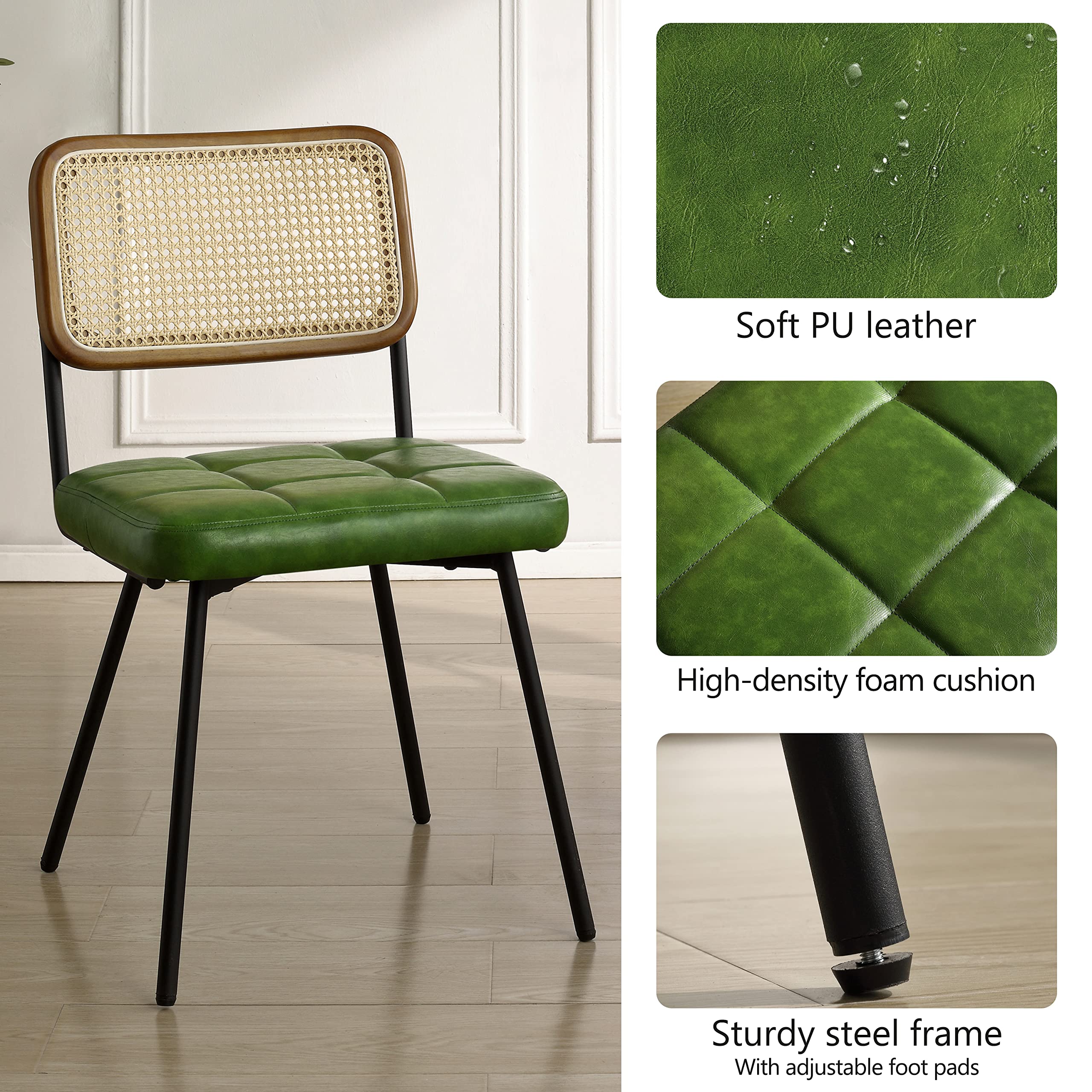 Art Leon Faux Leather Indoor Kitchen Dining Chairs Set of 4, Rubber Wood Back Frame, Mid Century Modern Dining Room Chairs with Rattan Backrest, Armless Side Chairs with Black Metal Legs, Green