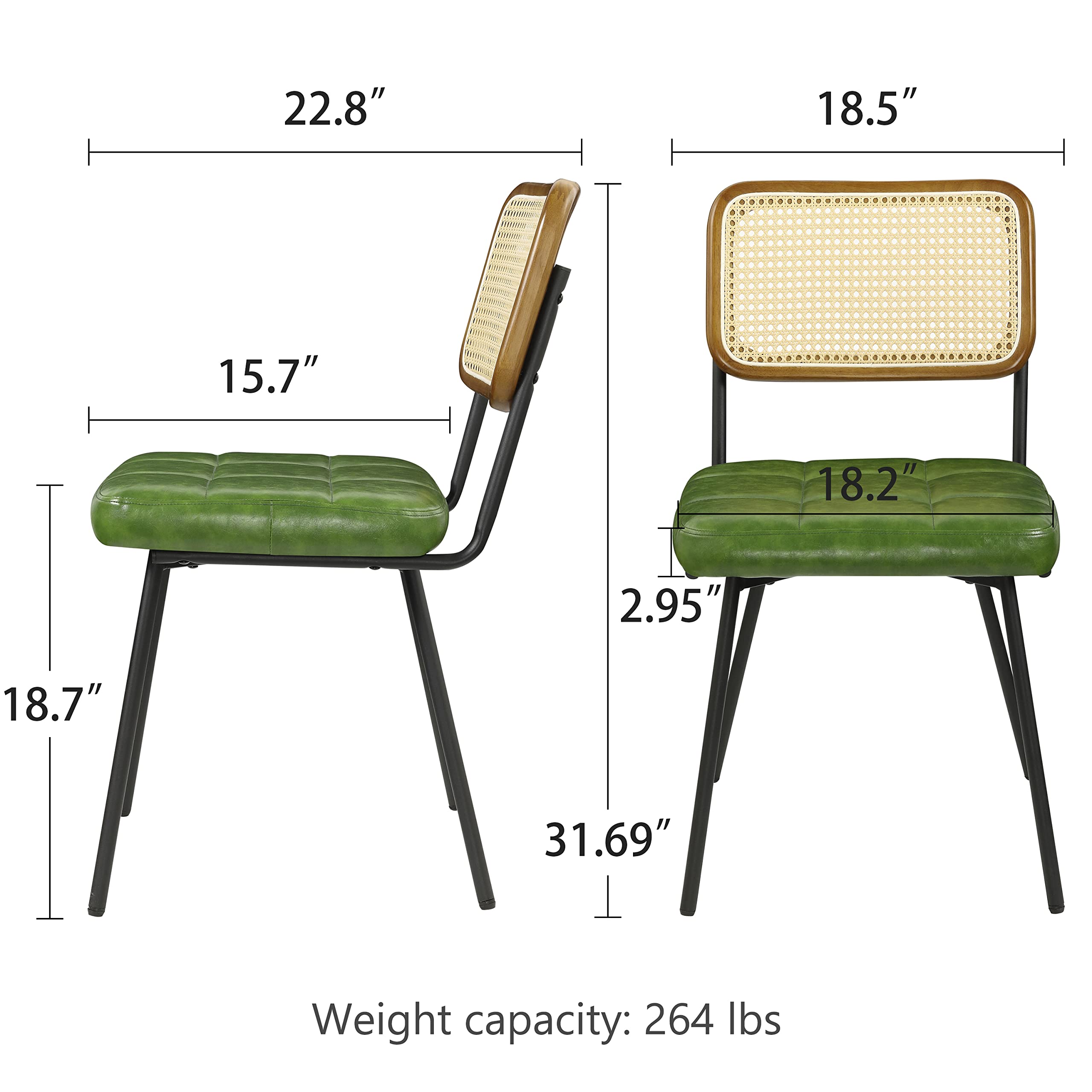 Art Leon Faux Leather Indoor Kitchen Dining Chairs Set of 4, Rubber Wood Back Frame, Mid Century Modern Dining Room Chairs with Rattan Backrest, Armless Side Chairs with Black Metal Legs, Green