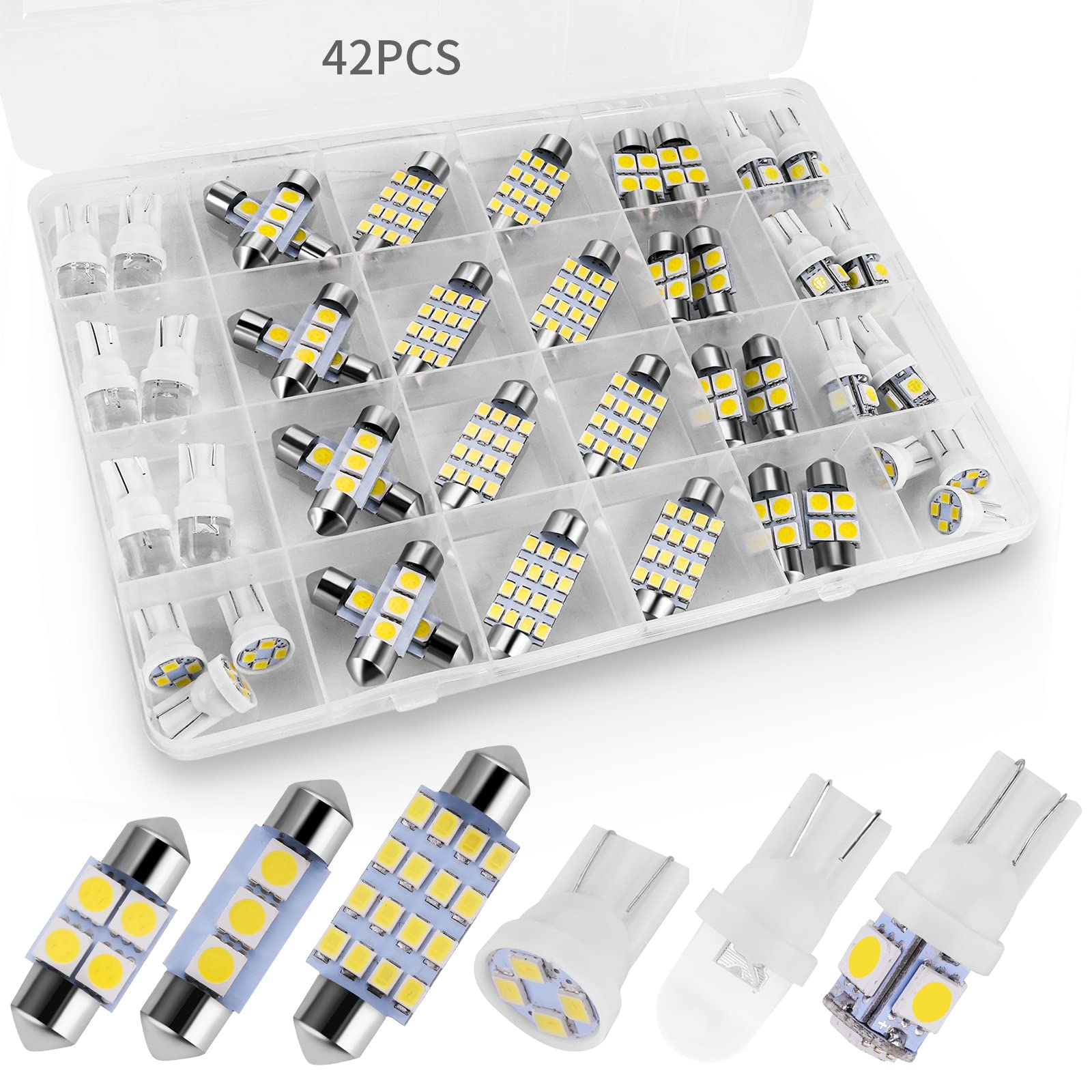 Zakolak 42 Pieces Interior Car Lights, Super Bright White Dome Map Tail Cab Lights Bulb Kit Set , DE3175 T10 31mm 41mm 194 LED Bulb for Your Trucks Width Lamp(White)