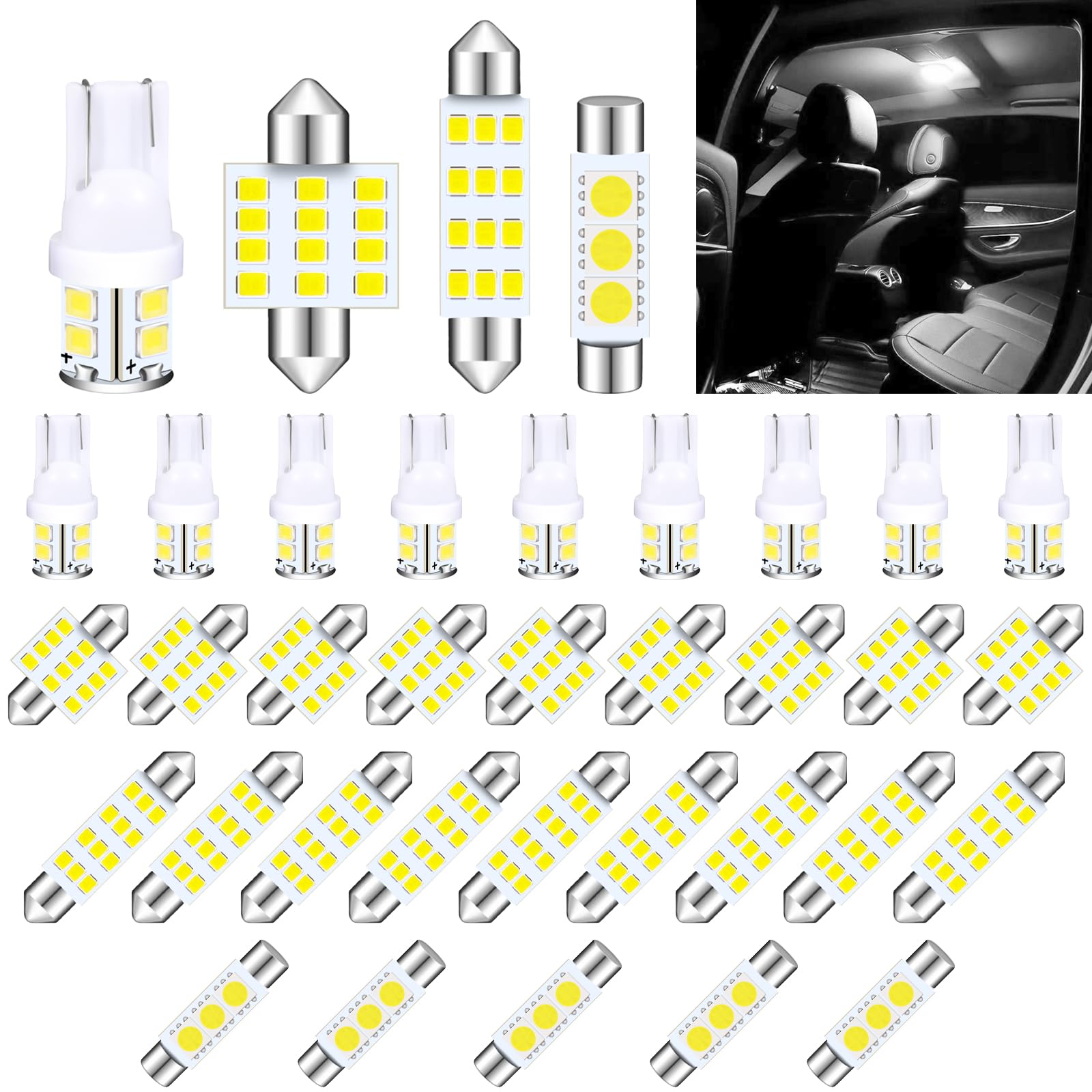 DEHERANE 36 PCS LED Car Bulb Kit Set, T10 28mm 31mm 42mm LED Interior Replacement Bulbs for Car Interior Lights, Indoor Map Dome Lights, License Lights, Trunk Lights, Etc. (White)