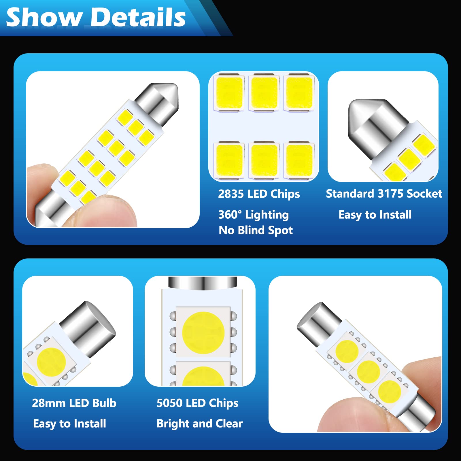 DEHERANE 36 PCS LED Car Bulb Kit Set, T10 28mm 31mm 42mm LED Interior Replacement Bulbs for Car Interior Lights, Indoor Map Dome Lights, License Lights, Trunk Lights, Etc. (White)