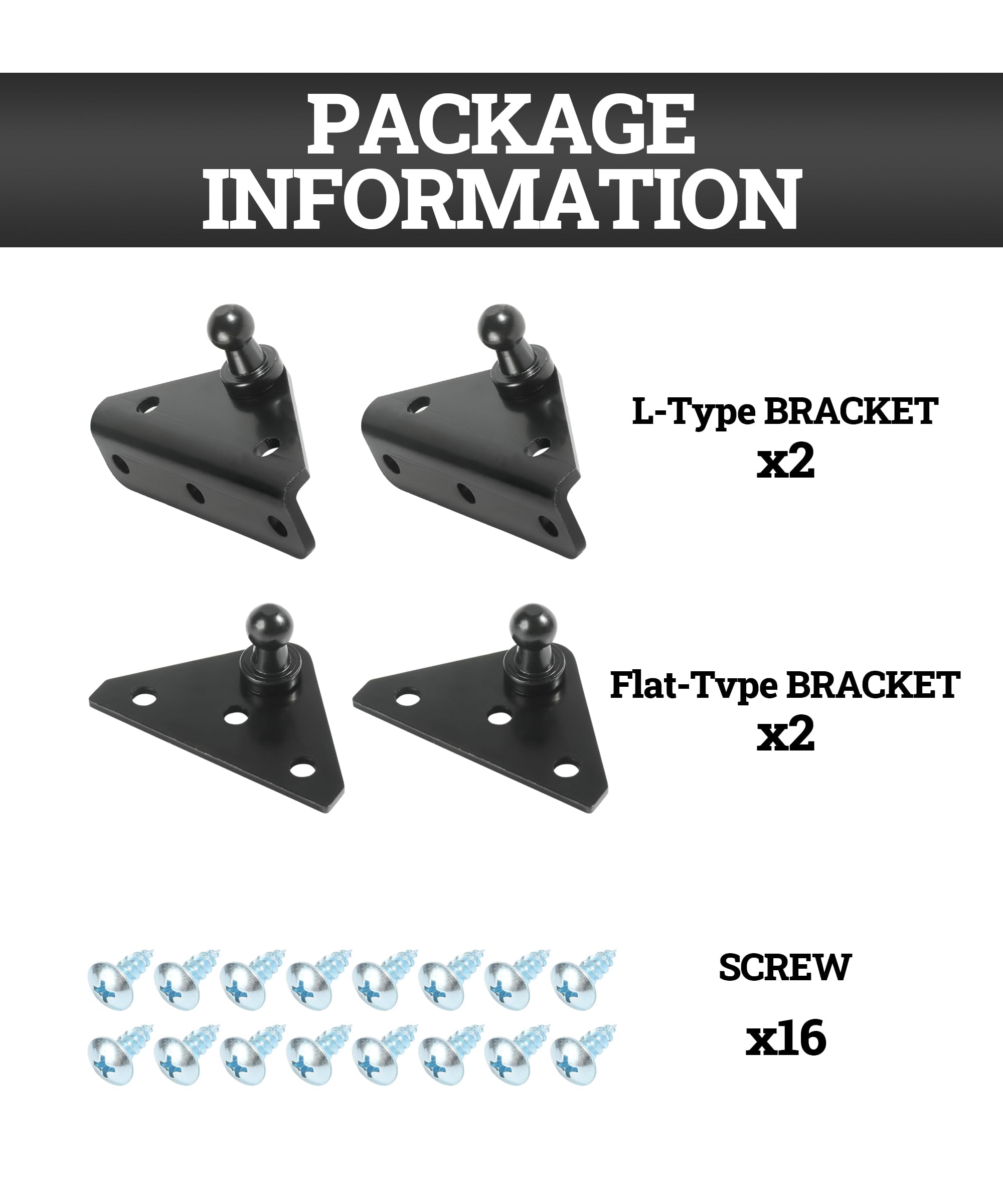 Zlirfy 4Pcs 10MM Ball Stud Mounting Brackets,Gas Spring Lift Strut Bracket Ball Stud,Car Accessories 2 Angled L-Type Mounts and 2 Flat-Type Mounts with 16 Screws,Mounting Bracket for Lift Support Prop