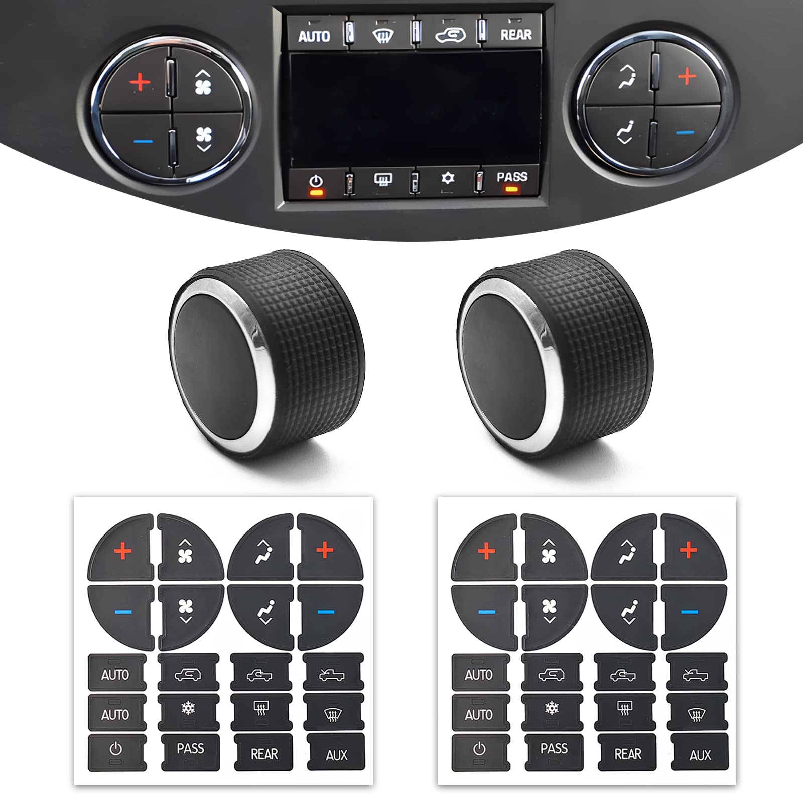 2 Pcs Rear Radio Volume Control Knob with AC Dash Button Sticker (2 Pcs) for GM 22912547 Radio Repair Kit and Compatible with 07-14 Chevrolet Chevy GMC Buick Cadillac