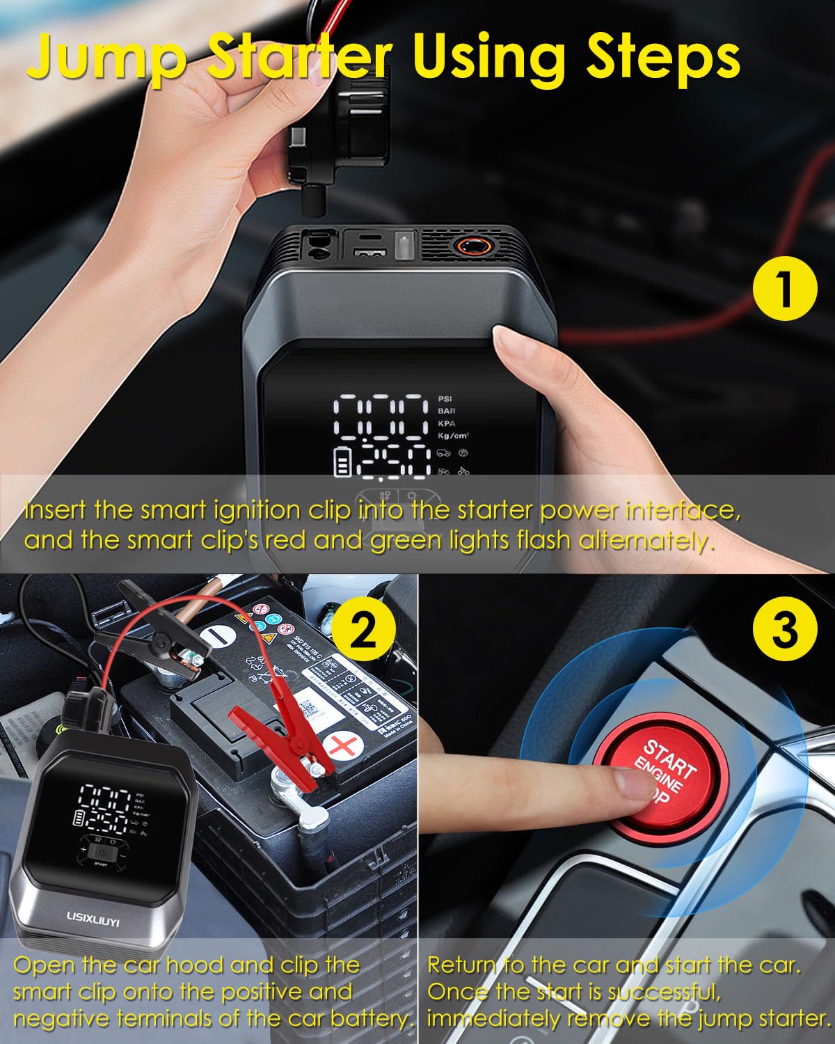 Portable Car Jump Starter with Air Compressor,160PSI Digital Tire Inflator & 8000mAh Battery Booster for 3.5L Gas Engine/4.0L Diesel Engine 12V Car Lithium Battery Safe Jump Box Pack Power Charger