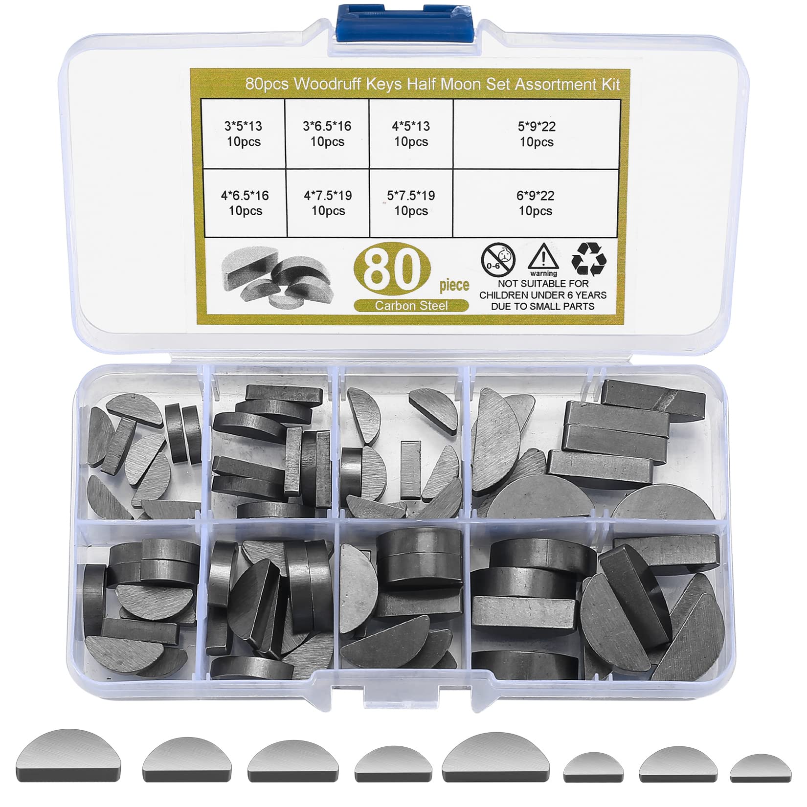 Woodruff Key Assortment Kit, 80pcs Metric Woodruff Keys, Half Moon Keys, Half Moon Semicircle Bond Key Hardware Keyway Set, Shaft Crank Key for Fasteners Mechanical Industry Crankshaft